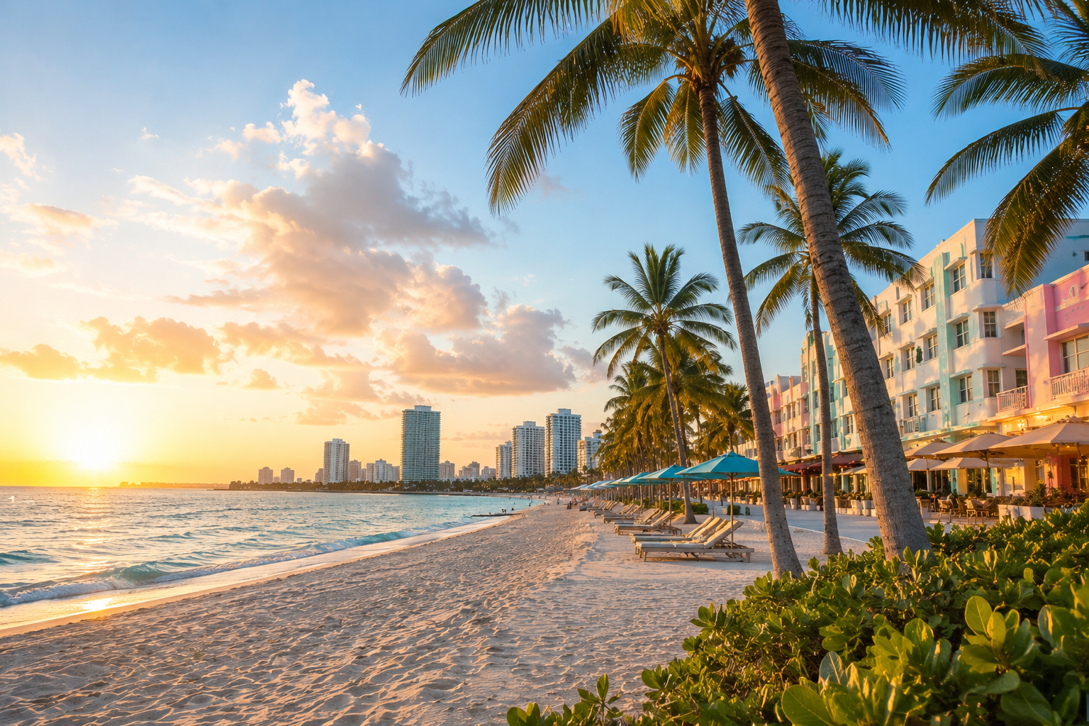 Miami Beach at sunset with palms, ocean and pastel architecture